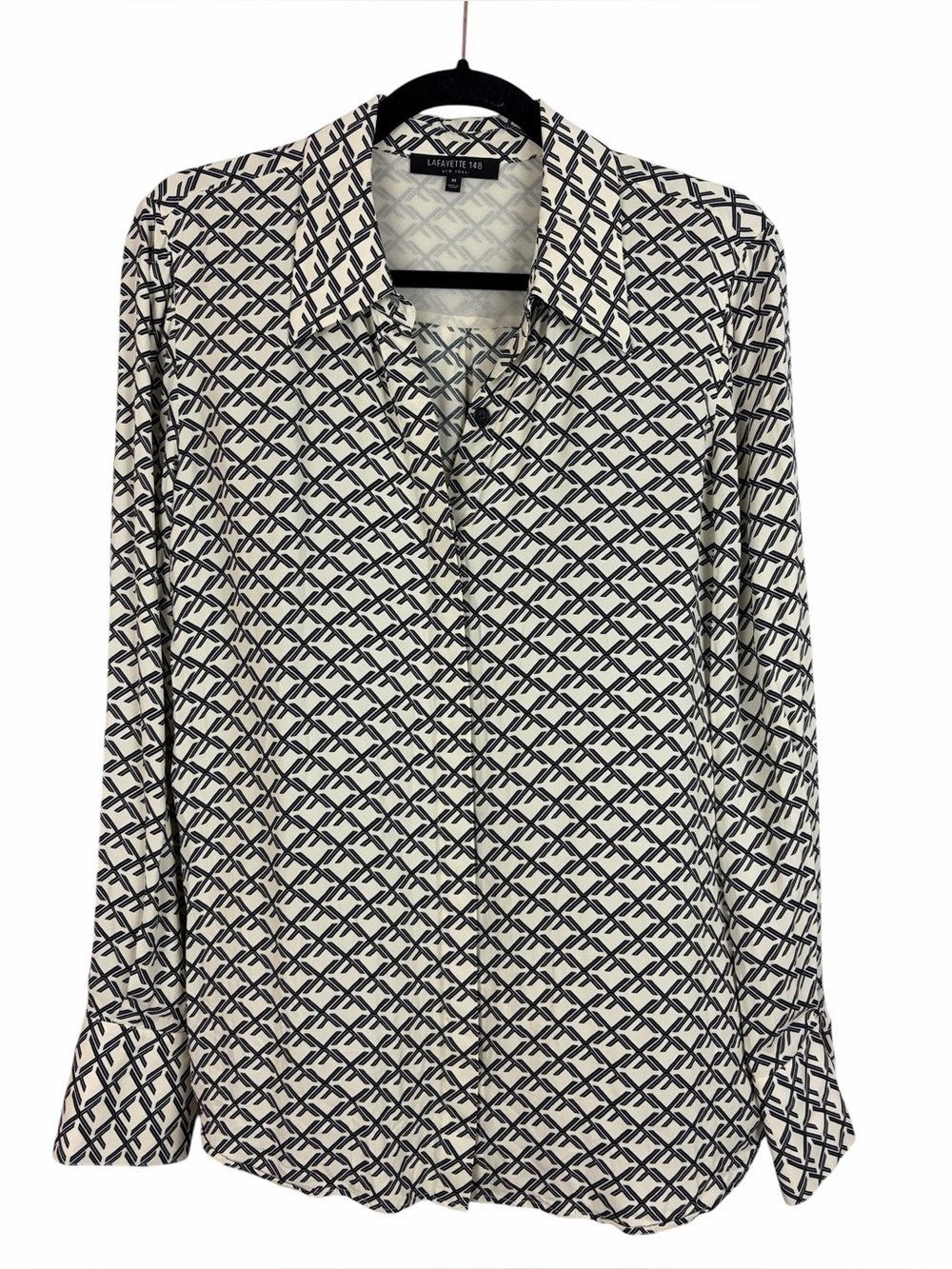 Lafayette 148 New York Silk-Look Geometric Print Button Front Blouse Medium
